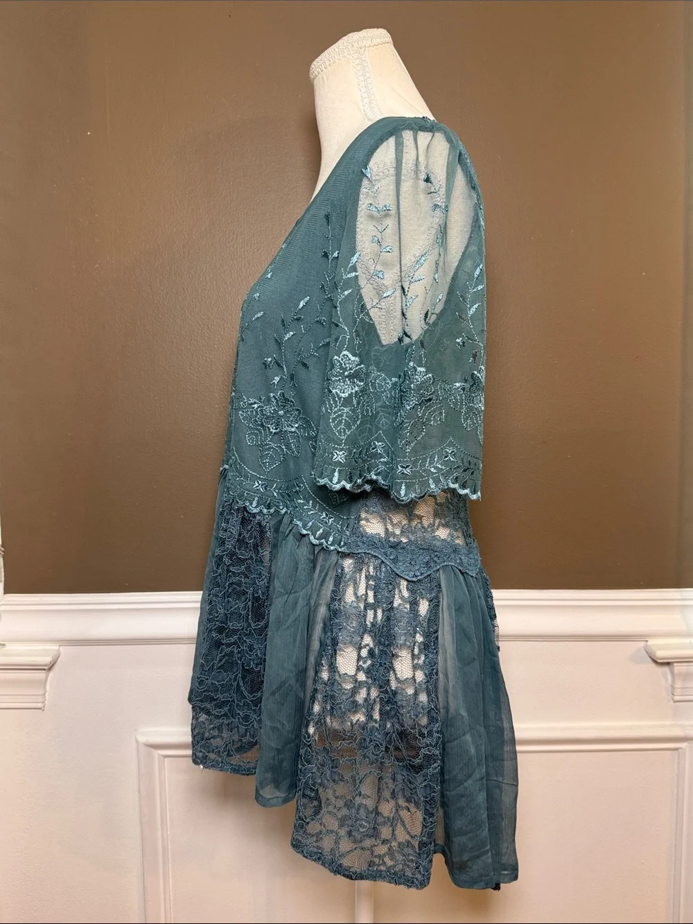 Free People Teal Embroidered‎ Lace Peplum Top